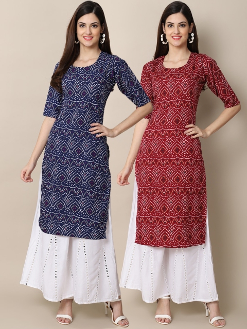 

KALINI Women Pack of 2 Blue & Red Digital Printed Crepe Straight Kurtas