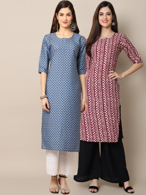 

KALINI Women Blue & Maroon Set Of 2 Geometric Printed Crepe Kurta