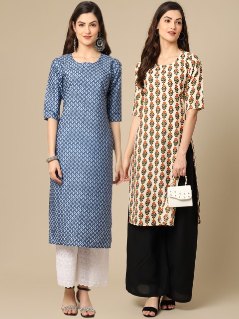 

KALINI Women Pack Of 2 Blue & Off White Floral Printed Crepe Kurta