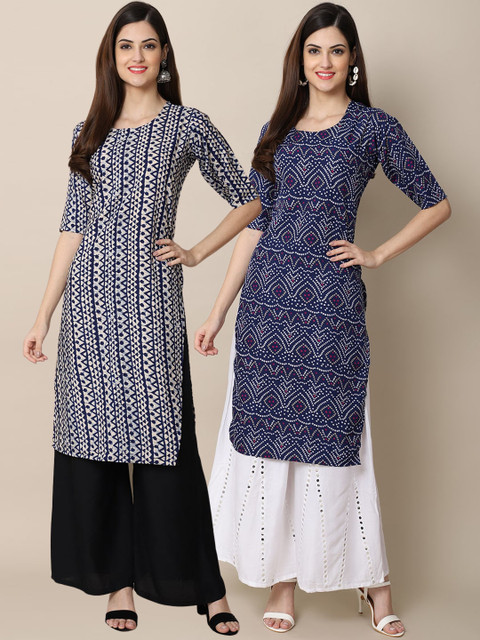 

KALINI Women's Crepe Navy Blue & Blue Color Printed Straight Handloom Kurta (PACK OF 2)
