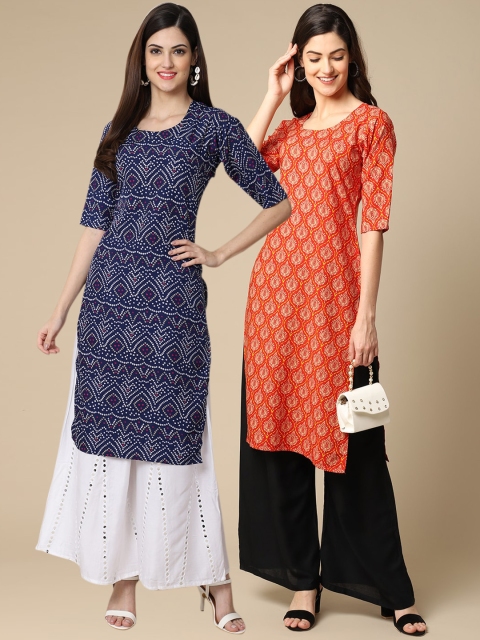 

KALINI Women Pack Of 2 Blue & Orange Ethnic Motifs Printed Block Print Crepe Kurta