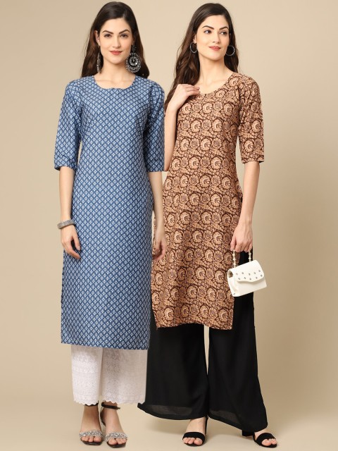 

KALINI Women Pack Of 2 Geometric Checked Block Print Handloom Crepe Kurta, Multi