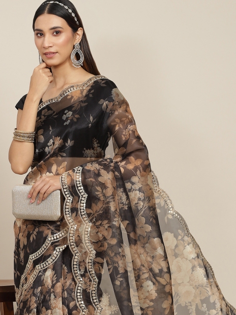 

Tikhi Imli Black & Mustard Yellow Floral Print Sequinned Organza Saree