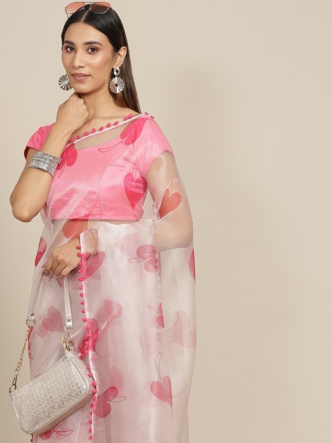 

Tikhi Imli Off White & Pink Printed Organza Saree