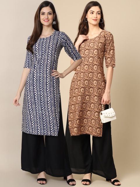 

KALINI Women Pack of 2 Brown & Blue Printed Handloom Crepe Kurta
