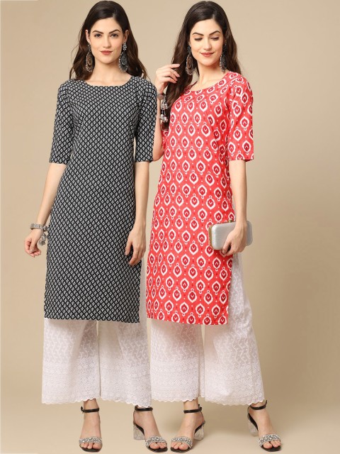 

KALINI Women Pack of 2 Coral & Black Geometric Printed Crepe Kurta