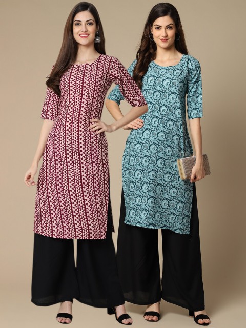 

KALINI Women Set Of 2 Magenta & Blue Floral Printed Crepe Kurta
