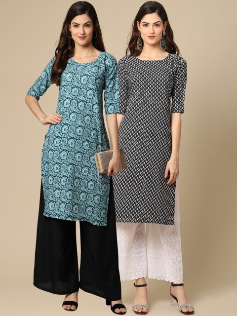 

KALINI Pack Of 2 Women Blue & Black Printed Crepe Kurta