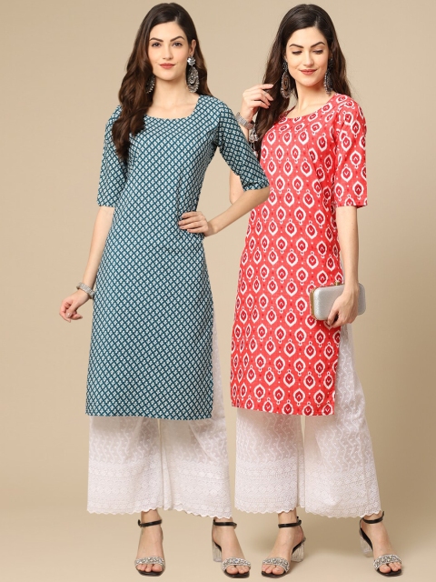 

KALINI Set of 2 Women Printed Block Print Handloom Crepe Straight Kurta, Teal