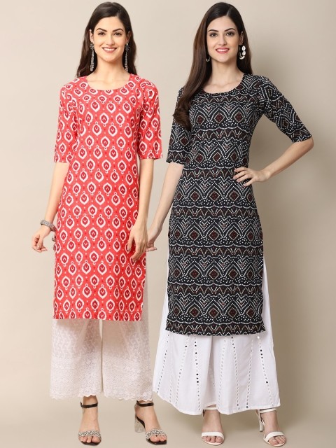 

KALINI Women Pack of 2 Orange & Black Ethnic Motifs Printed Crepe Kurta