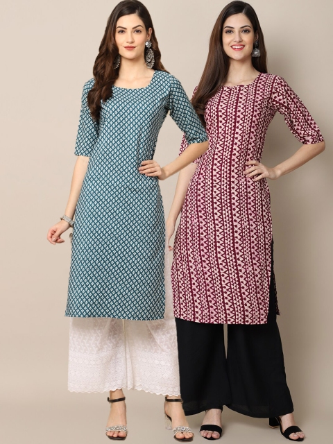 

KALINI Women Pack of 2 Teal and Magenta Block Print Handloom Crepe Kurta