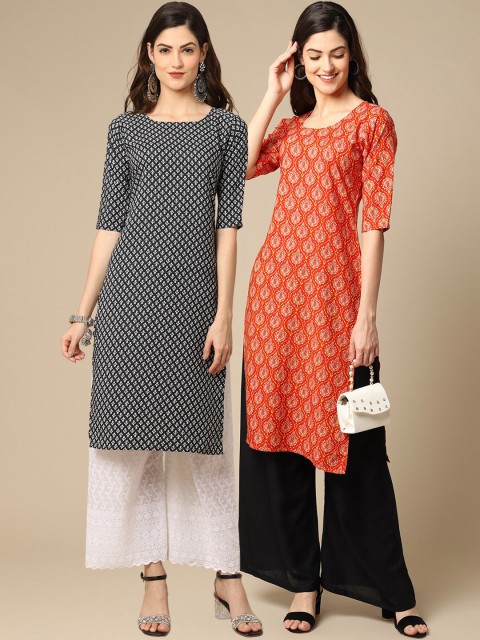

KALINI Women Orange & Black Geometric Printed Crepe Pack of 2 Kurta