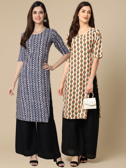

KALINI Women Pack of 2 Black & Cream-Coloured Ethnic Motifs Printed Crepe Kurta