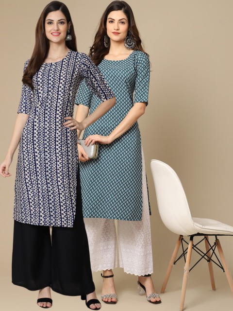 

KALINI Set of 2 Women Printed Block Print Handloom Crepe Straight Kurta, Blue