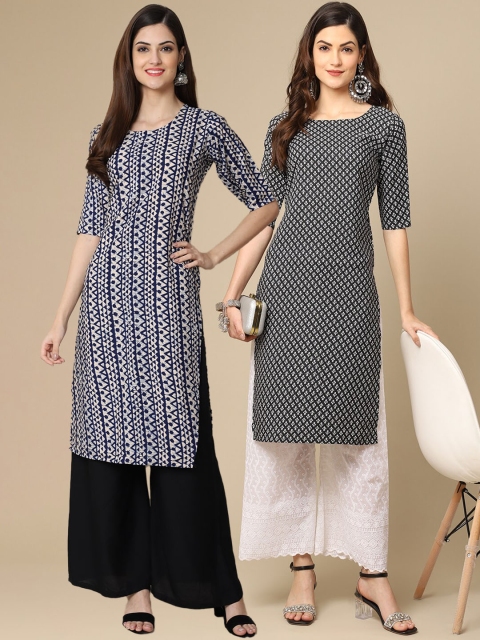 

KALINI Women Blue & Black Geometric Printed Block Print Handloom Crepe Kurta