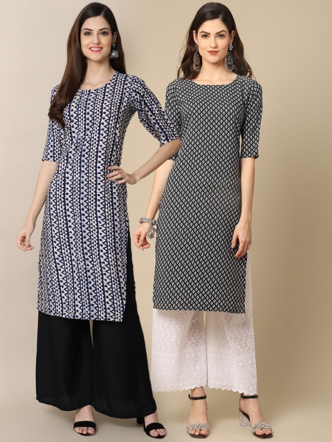 

KALINI Women Pack of 2 Blue & Black Geometric Printed Crepe Kurta