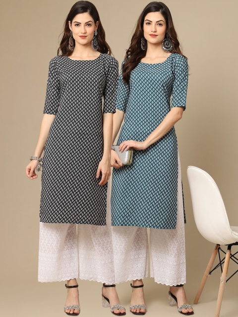 

KALINI Women Pack of 2 Black & Blue Ethnic Motifs Printed Crepe Kurta
