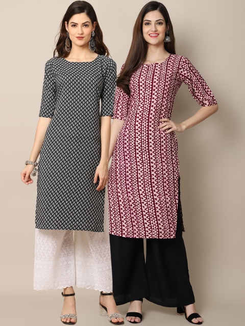 

KALINI Women Pack Of 2 Black & Purple Geometric Printed Block Print Crepe Kurtas