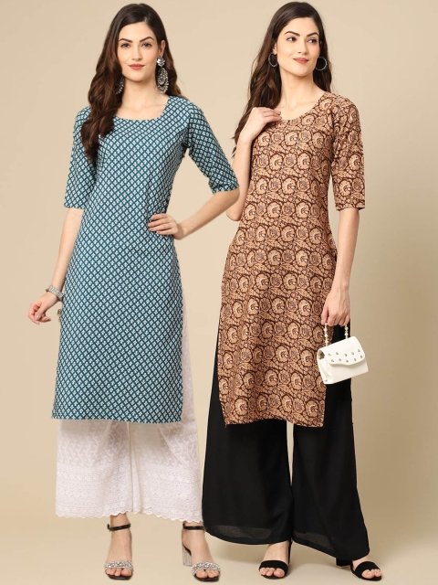 

KALINI Women Pack Of 2 Blue & Beige Floral Printed Crepe Kurta