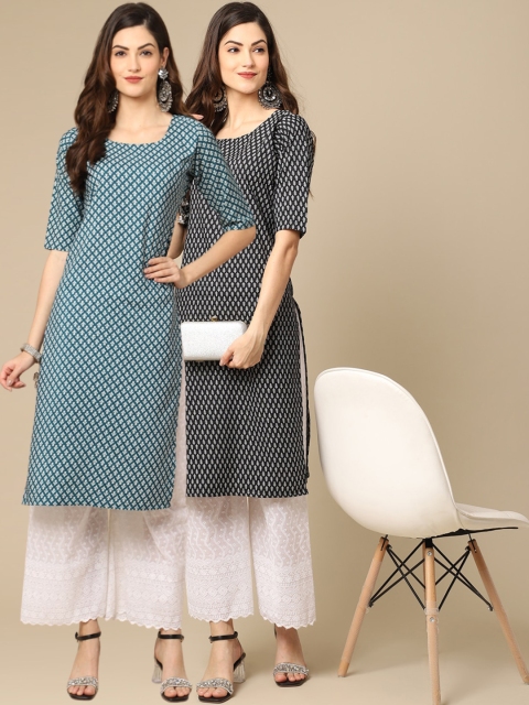 

KALINI Women Pack of 2 Blue & Black Ethnic Motifs Printed Crepe Kurta