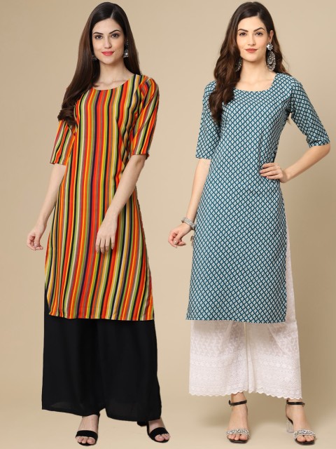 

KALINI Women Pack Of 2 Orange & Blue Ethnic Motifs Printed Crepe Straight Kurta