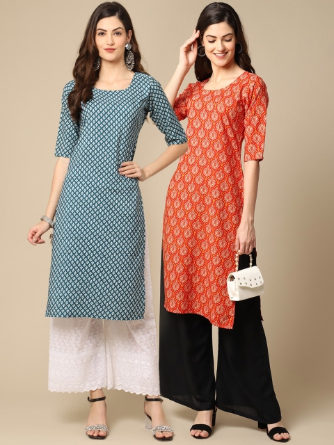 

KALINI Women's Crepe Orange & Teal Color Printed Straight Handloom Kurta (PACK OF 2)