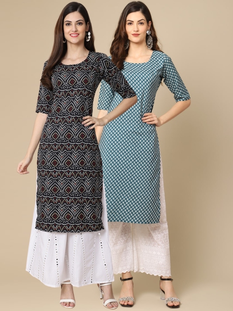 

KALINI Set of 2 Women Printed Block Print Handloom Crepe Straight Kurta, Black