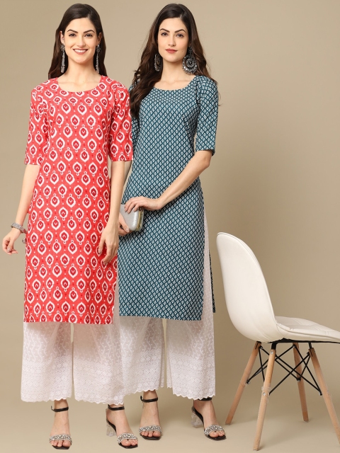 

KALINI Women Pack Of 2 Orange & Blue Ethnic Motifs Printed Crepe Kurta