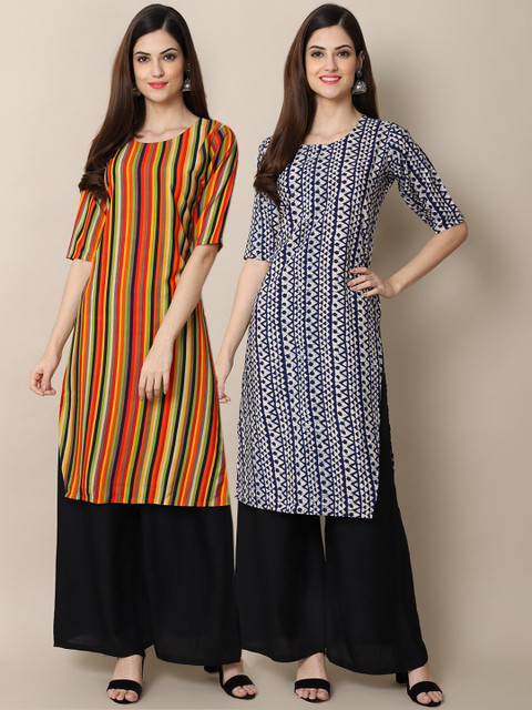 

KALINI Women Pack of 2 Printed Crepe Kurta, Blue