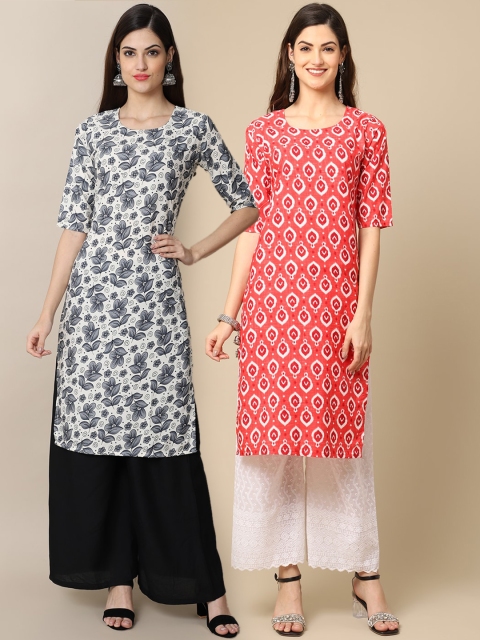 

KALINI Women White & Pink Geometric Printed Block Print Handloom Crepe Kurta