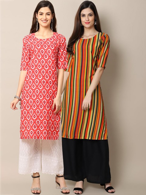 

KALINI Women Pack of 2 Coral & Brown Ethnic Motifs Printed Crepe Kurta