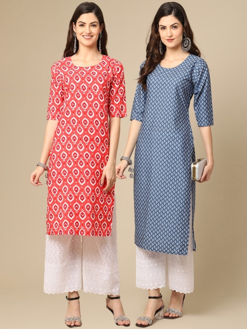 

KALINI Women Pack of 2 Red & Blue Ethnic Motifs Printed Handloom Crepe Kurta