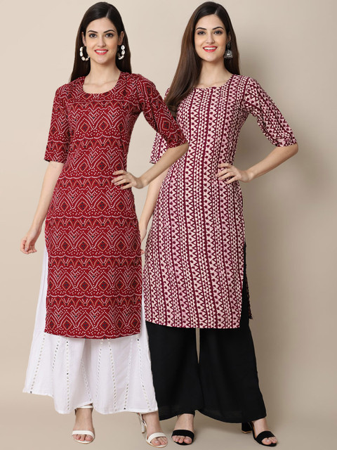 

KALINI Women Pack of 2 Red & Maroon Geometric Printed Handloom Crepe Kurta