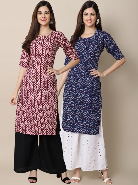 

KALINI Women Pack Of 2 Maroon & Blue Tribal Printed Crepe Kurta