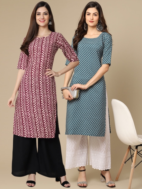 

KALINI Women Pack of 2 Maroon & Blue Geometric Printed Crepe Kurta