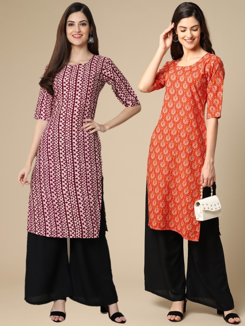 

KALINI Women Pack of 2 Maroon & Orange Ethnic Motifs Printed Crepe Kurta