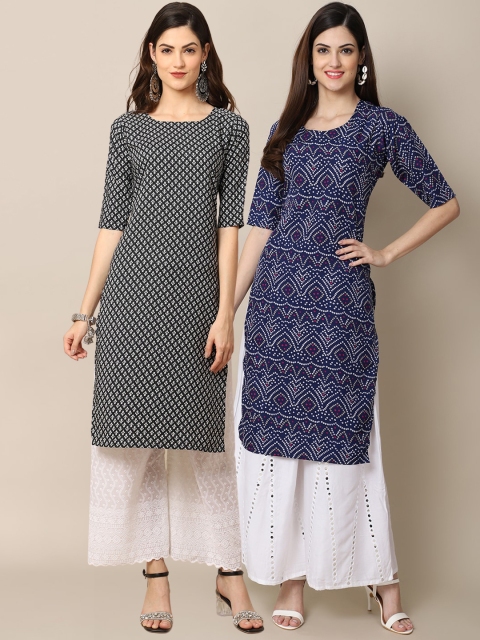 

KALINI Women Pack of 2 Black & Blue Digital Printed Crepe Straight Kurtas