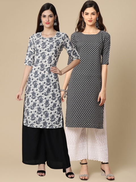 

KALINI Women Pack Of 2 White & Black Floral Printed Crepe Kurta