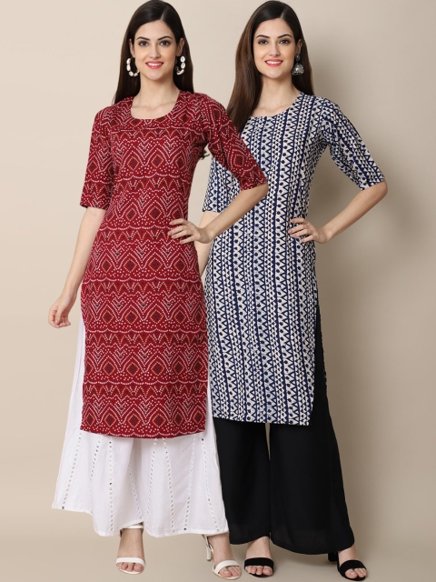 

KALINI Women Pack Of 2 Maroon & Blue Geometric Printed Block Print Crepe Kurtas