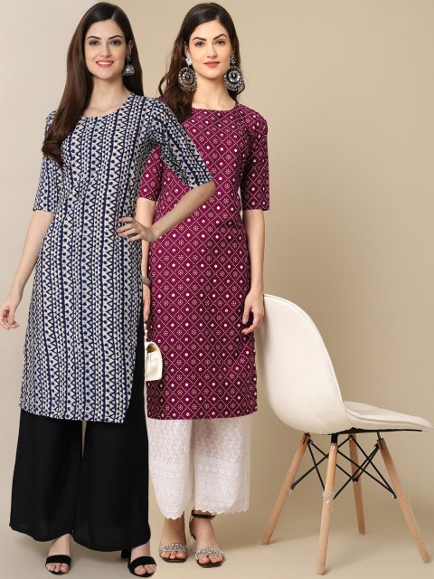 

KALINI Women Pack Of 2 Blue & Purple Geometric Printed Block Print Crepe Kurtas