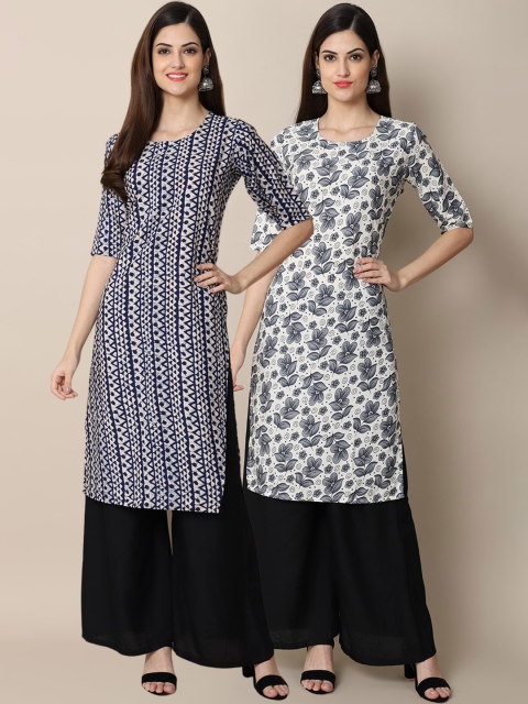 

KALINI Women Pack Of 2 Blue & White Geometric Printed Block Print Crepe Kurtas