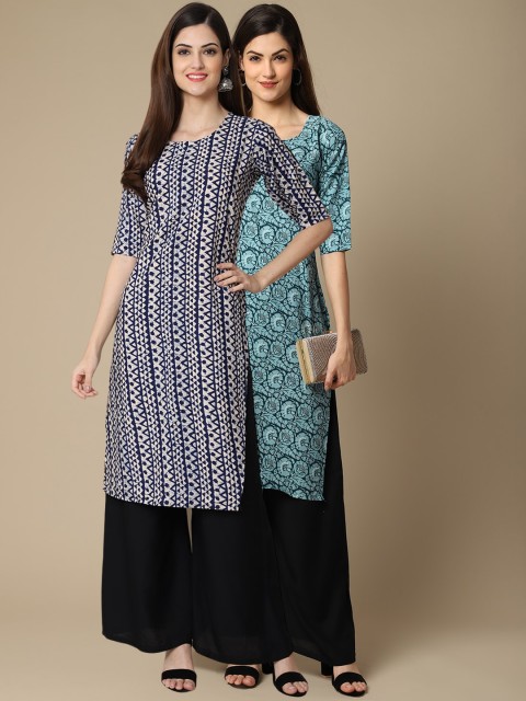 

KALINI Women Pack of 2 Turquoise Blue & Navy Blue Ethnic Motifs Printed Crepe Kurta