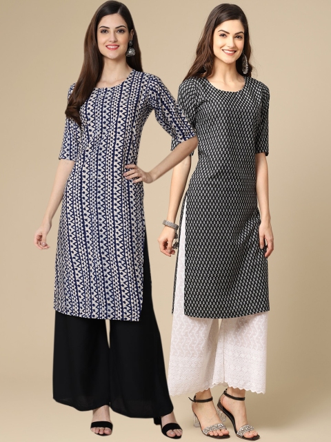 

KALINI Women Black & Navy Blue Geometric Printed Crepe Pack of 2 Kurta