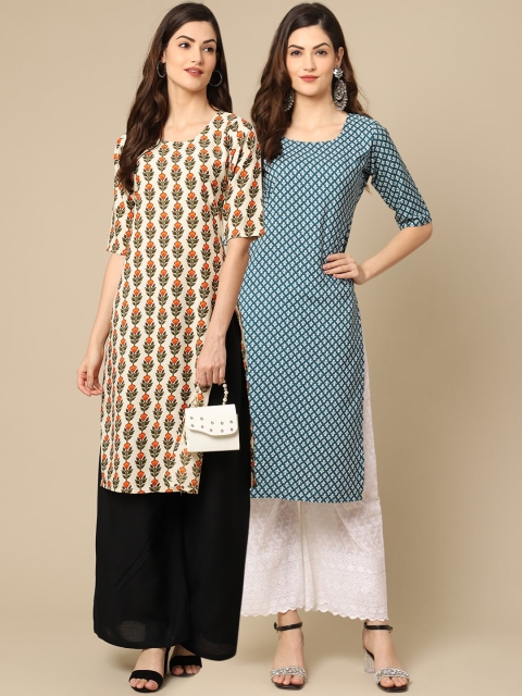

KALINI Women Pack of 2 Offwhite and Teal Block Print Handloom Crepe Kurta