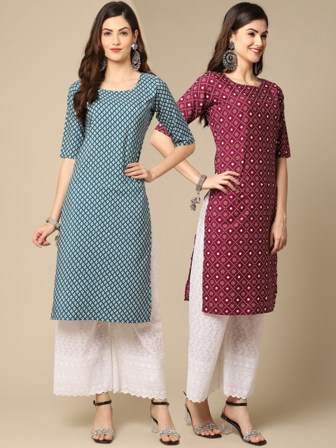 

KALINI Women Pack of 2 Blue & Maroon Ethnic Motifs Printed Crepe Kurta