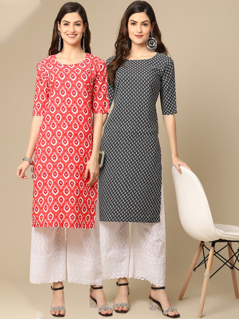 

KALINI Women Pack of 2 Red Geometric Printed Crepe Kurta