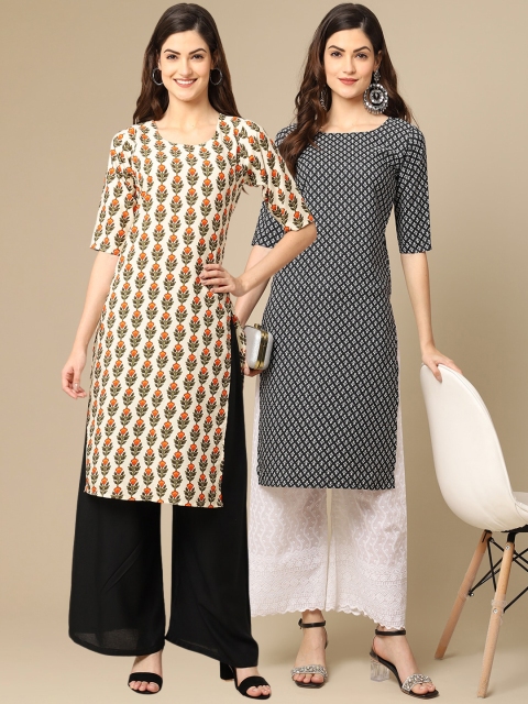 

KALINI Women Pack Of 2 Cream-Coloured & Black Floral Printed Crepe Kurta