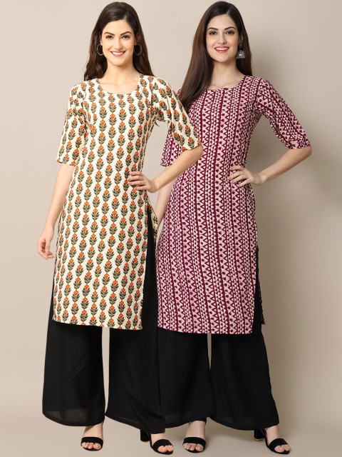 

KALINI Women Off White & Maroon Ethnic Motifs Crepe Kurta