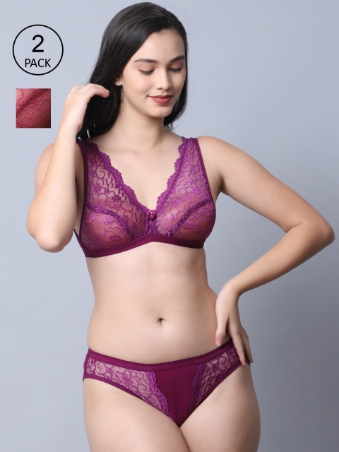 

GRACIT Women Pack Of 2 Maroon and Purple Self-Design Net Lingerie Set