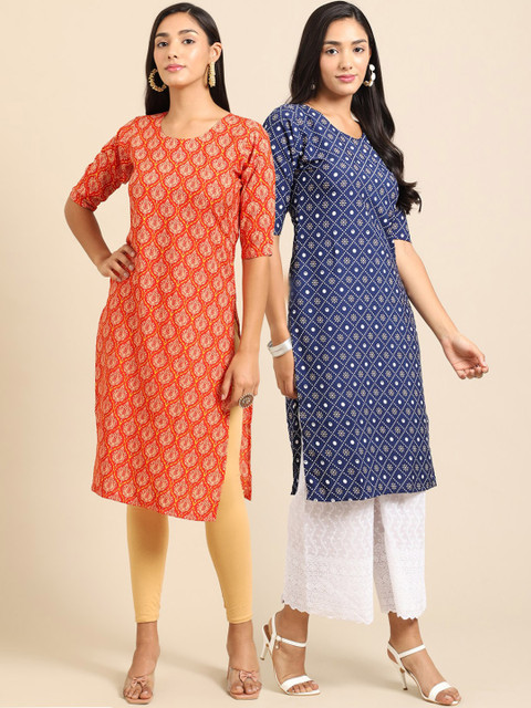 

KALINI Women Pack Of 2 Orange & Blue Ethnic Motifs Printed Handloom Crepe Kurta